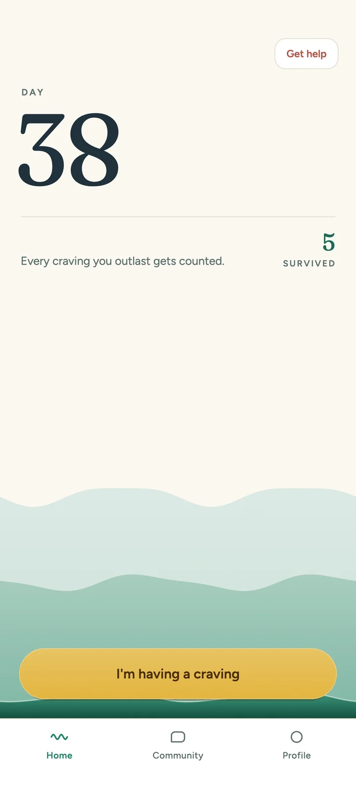The app's home screen: day 38, the number of cravings outlasted, and the gold craving button standing in the water.